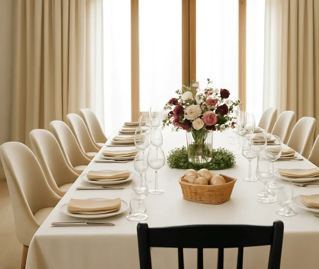 comedor-elegante-restaurante-gallego-mesa-vestida-sillas-modernas-centro-floral-chic