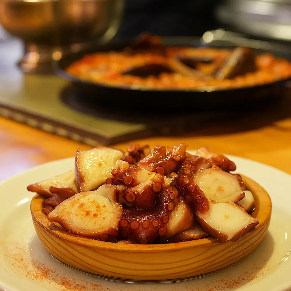 Pulpo a feira servido en plato de madera sobre patatas con pimentón y aceite de oliva en restaurante gallego tradicional